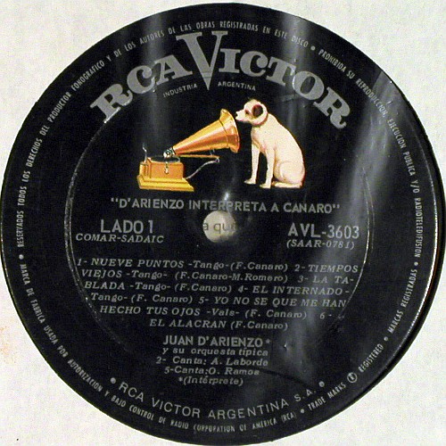 D'Arienzo,Juan y su Orquesta tipica: Interpreta a Canaro, vg+&sol;vg-, RCA (AVL-3603), Argentien, 1965 Typ: LP Best.-Nr.: V7964 Preis: 50,00 Euro.