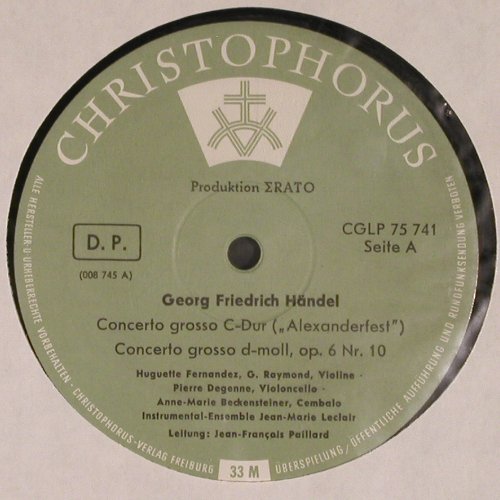 Händel,Georg Friedrich: Concerto Grosso C-dur,Alexanderfest, Christophorus(CGLP 75 741), D,Mono,FLC,  - LP - K1377 - 5,00 Euro