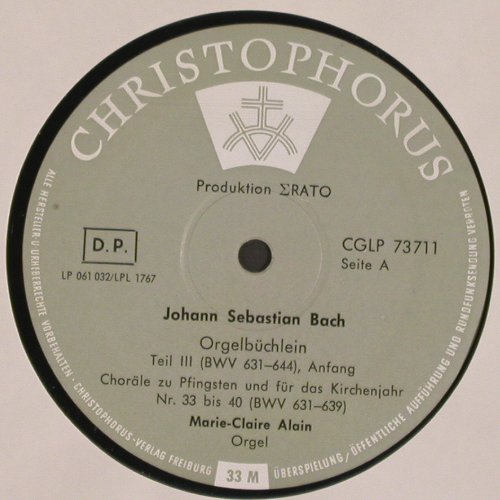 Bach,Johann Sebastian: Orgelbüchlein Teil3,BWV 631 bis 644, Christophorus (CGLP 73 711), D, Mono, 1962 Typ: LP Best.-Nr.: K1409 Preis: 9,00 Euro