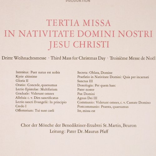 Mönche der Benediktiner-Erzabtei: St.Martin, Beuron.Tertia Missa..Foc, Archiv(198 036), D,Ri,m/vg+,  - LP - K1457 - 5,00 Euro