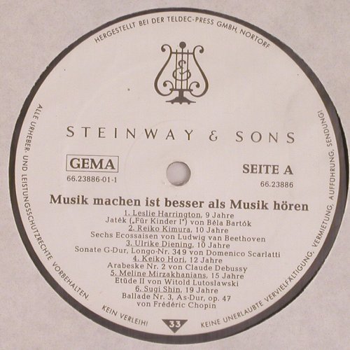 V.A.Musik machen ist besser a.H&ouml;ren: Ausz&uuml;ge a.d.49 Steinway Klavierwett, Steinway (66.23886), D, Foc, 1985 Typ: LP Best.-Nr.: K1502 Preis: 9,00 Euro.