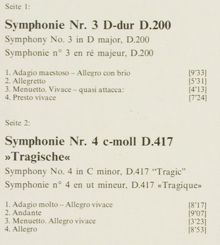 Schubert,Franz: Sinfonien Nr.3 & 4, D.200, D.417, D.Gr. (2530 526), D, 1973 Typ: LP Best.-Nr.: K1593 Preis: 5,00 Euro.