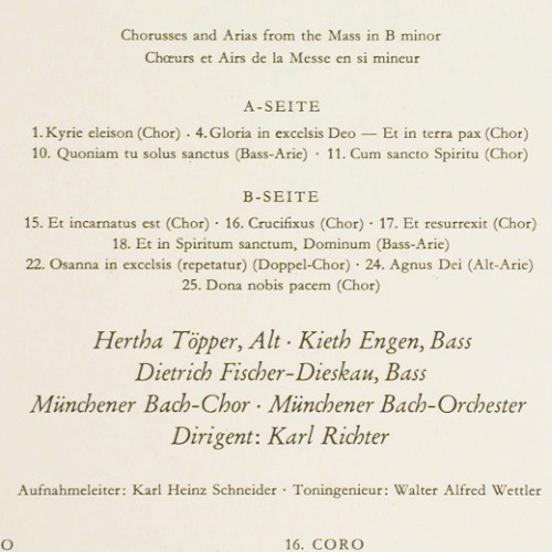 Bach,Johann Sebastian: Aus der H-Moll Messe BWV 232, D.Gr. (SLPEM 136 300), D, 1963 Typ: LP Best.-Nr.: K1641 Preis: 7,50 Euro.