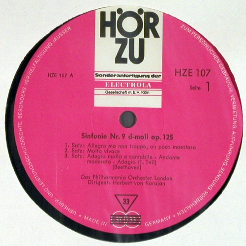 Beethoven,Ludwig van: Sinfonie Nr.9 d-moll op.125, Mono, H&ouml;rZu (HZ E 107), D Typ: LP Best.-Nr.: K1666 Preis: 7,50 Euro.