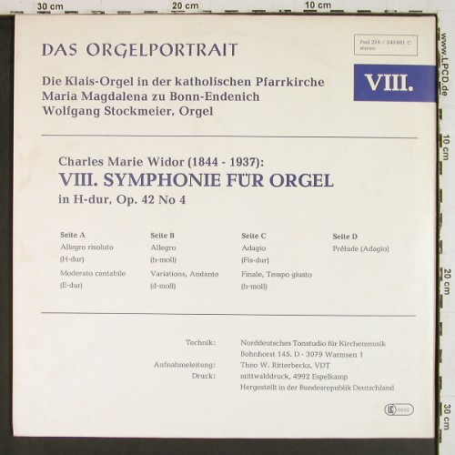 Stockmeier,Wolfgang: Charles-Marie Widor, Foc, Psallite (PSAL 259&sol;240881), D Typ: 2LP Best.-Nr.: K1678 Preis: 20,00 Euro.