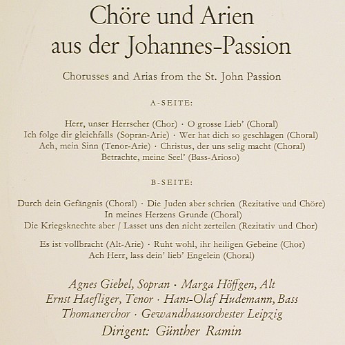 Bach,Johann Sebastian: Johannes-Passion-Ch&ouml;re und Arien, D.Gr. (LPEM 19 260), D, Mono, 1962 Typ: LP Best.-Nr.: K1690 Preis: 17,50 Euro.