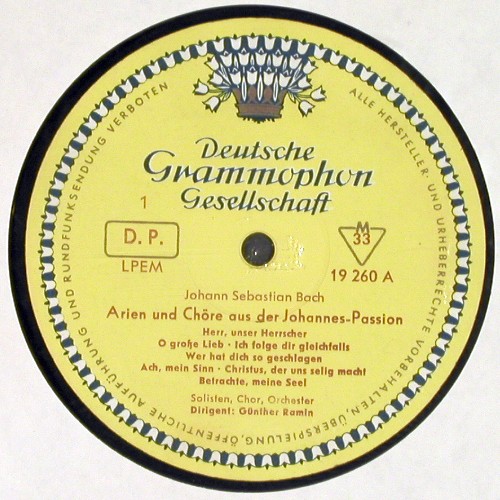 Bach,Johann Sebastian: Johannes-Passion-Ch&ouml;re und Arien, D.Gr. (LPEM 19 260), D, Mono, 1962 Typ: LP Best.-Nr.: K1690 Preis: 17,50 Euro.