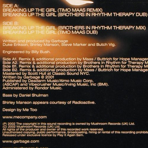 Garbage: Breaking Up The Girl*4, remixes, Mushroom (MUSH 101T), UK, 2002 Typ: 12" Best.-Nr.: V5158 Preis: 6,00 Euro