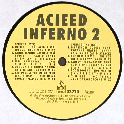 V.A.Acieed Inferno Vol.2: Rififi, KidPaul, BeatPirate, 2 U Hi, BCM (33220), D, 1989 Typ: LP Best.-Nr.: V5677 Preis: 7,50 Euro