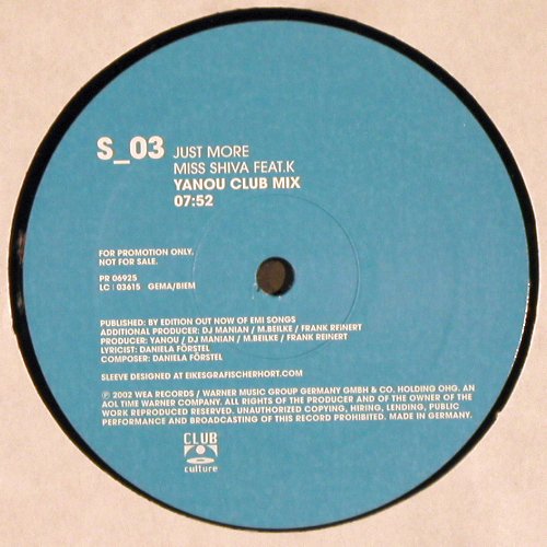 Miss Shiva feat.K: Just More*4, Foc, WEA  Promo (6925), D, 2002 Typ: 12"*2 Best.-Nr.: V6138 Preis: 7,50 Euro