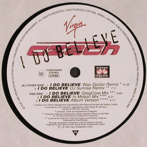 Czech: I Do Belive *5 , 33rpm, Virgin (8 93464 6), NL, 1996 Typ: 12" Best.-Nr.: V6457 Preis: 5,00 Euro.