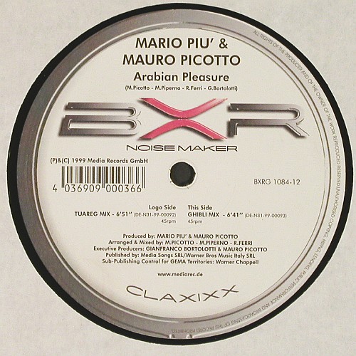 Piu',Mario & Mauro Picotto: Arabian Pleasure,Tuareg,Ghibli mix, Media Rec. (BXRG 1084-12), D, 1999 Typ: 12" Best.-Nr.: V8073 Preis: 7,50 Euro.
