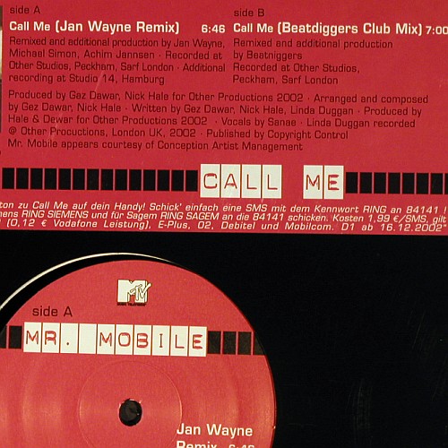 Mr.Mobile: Call Me*2, vg+&sol;m-, (MTV Klingelton), WEA (PR 6928), D, 2002 Typ: 12" Best.-Nr.: V8082 Preis: 4,00 Euro.