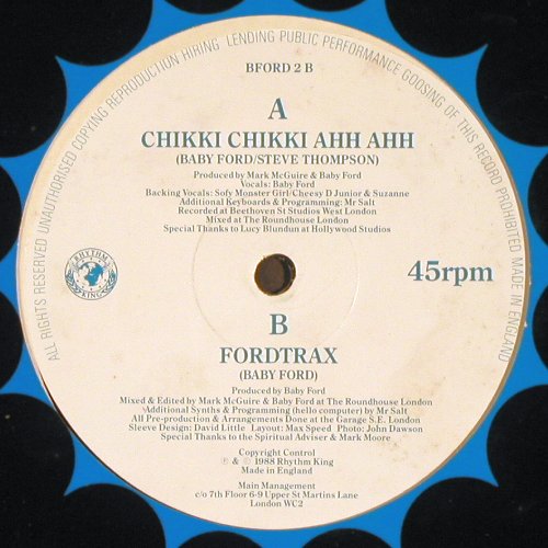 Baby Ford: Chikki Chikki Ahh Ahh &sol; Fordtrax, Rhythm King (BFORD 2), UK, 1988 Typ: 12" Best.-Nr.: Y196 Preis: 5,00 Euro.