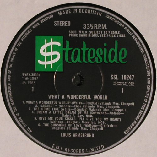 Armstrong,Louis: What A Wonderful World, EMI Stateside(SSl 10247), UK, 1968 - LP - V3951 - 9,00 Euro