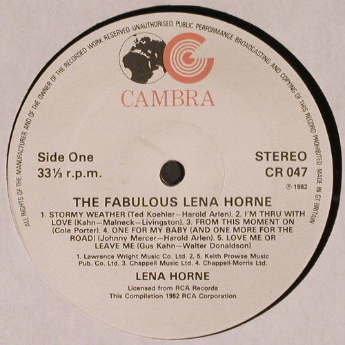 Horne,Lena: The Fabulous (side2 vg+,plays well), Cambra(CR 047), UK, 1982 - 2LP - V4339 - 7,50 Euro
