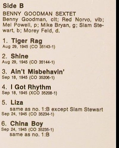 Goodman,Benny: 1945 - Sextett, Quintet and Trio, CBS (RM 52965), S, 1971 Typ: LP Best.-Nr.: V4796 Preis: 7,50 Euro