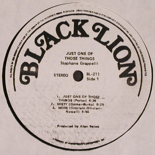 Grappelli,Stephane: Just One Of Those Things, Montreux, Black Lion (BL-211), US, CO, 1973 Typ: LP Best.-Nr.: V4799 Preis: 9,00 Euro