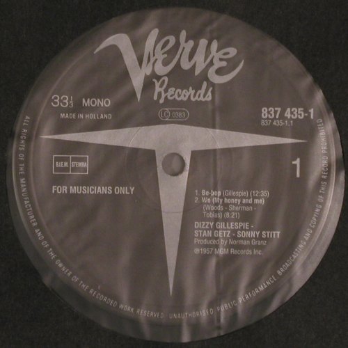 Gillespie,Dizzy: For Musicans only (1957), Mono, Verve (837 435-1), NL Typ: LP Best.-Nr.: V4879 Preis: 14,00 Euro