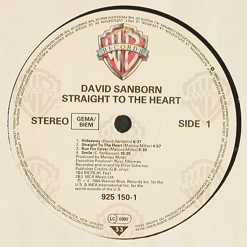 Sanborn,David: Straight To The Heart, WB(925 150-1), D, 1984 - LP - V7207 - 7,50 Euro