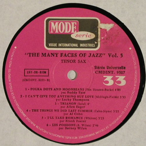 V.A.The Many Faces Of Jazz Vol.5: Tenor-Sax, 12 Tr., Mode Serie/Vogue(CMDINT 9517), F, 1968 - LP - V7262 - 9,00 Euro