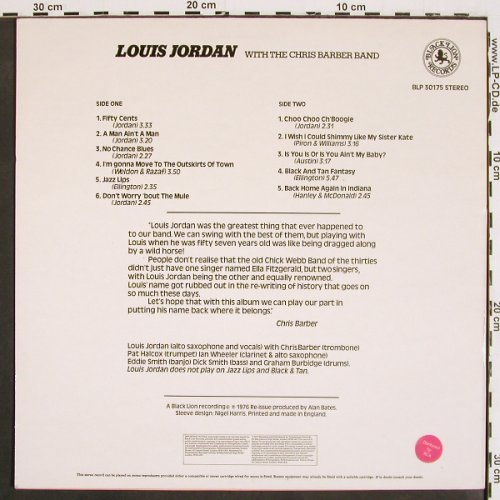 Jordan,Louis: Swings with the Chris Barber Band, Black Lion (BLP 30175), UK, 1976 Typ: LP Best.-Nr.: V4755 Preis: 9,00 Euro