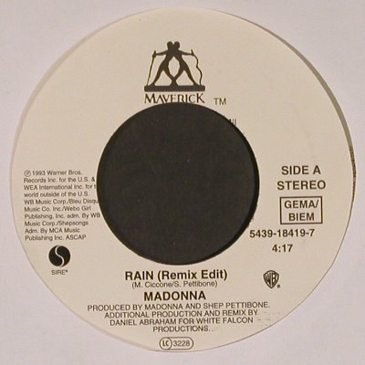 Madonna: Rain / Fever, Maverick/Sire (054391841971), D, 1993 Typ: 7" Best.-Nr.: T5745 Preis: 20,00 Euro.