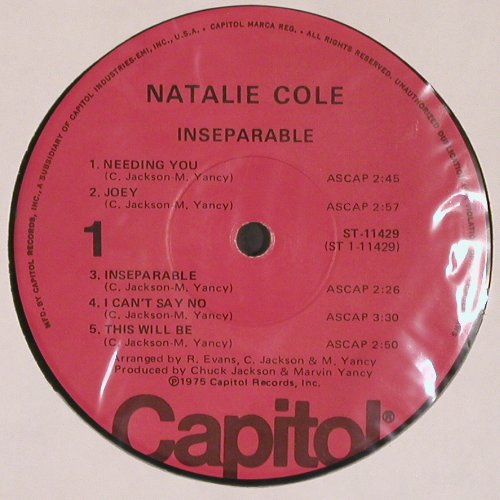 Cole,Natalie: Inseparable, Capitol (ST-11429), US, 1975 Typ: LP Best.-Nr.: V4621 Preis: 9,00 Euro