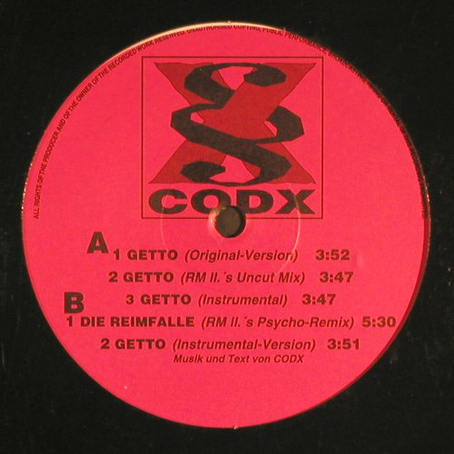 CODX: Getto *4 / Die Reimfalle, Sony (RR 006), D, FLC, 1994 Typ: 12" Best.-Nr.: V5057 Preis: 6,00 Euro