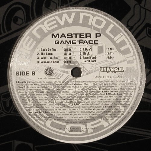 Master P: Game Face, New No Limit Records (422 860 977-1), US, Promo, 2001 Typ: LP Best.-Nr.: V6370 Preis: 12,50 Euro