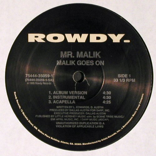 Mr.Malik: Malik goes on, m-&sol;vg+, Rowdy Records (75444-35059-1), US, 1995 Typ: 12" Best.-Nr.: V6887 Preis: 5,00 Euro.