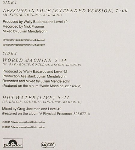 Level 42: Lessons In Love, ext.vers. 7:00  +2, Polydor (883 956-1), D, 1986 Typ: 12" Best.-Nr.: V7025 Preis: 4,00 Euro.