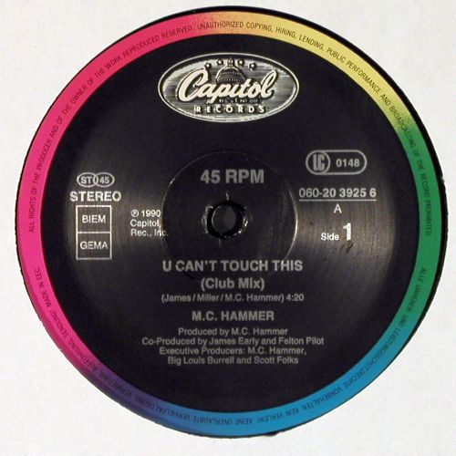 M.C.Hammer: U Can't Touch This(mx&sol;instr)&sol;Dancin, Capitol (060-20 3925-6), D, m-&sol;vg+, 1990 Typ: 12" Best.-Nr.: V7818 Preis: 5,00 Euro.