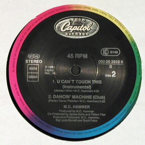 M.C.Hammer: U Can't Touch This(mx&sol;instr)&sol;Dancin, Capitol (060-20 3925-6), D, m-&sol;vg+, 1990 Typ: 12" Best.-Nr.: V7818 Preis: 5,00 Euro.