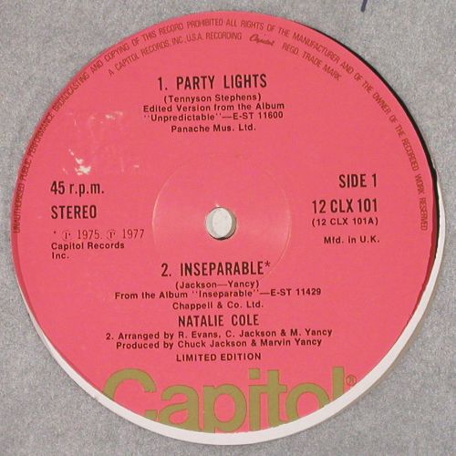 Cole,Natalie: Party Lights+1/This will be+1, Capitol(12 CLX 101), UK,m-/vg+, 1976 - LP - V7839 - 5,00 Euro