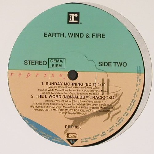 Earth,Wind & Fire: Sunday Morning *2 / The L World, Reprise (PRO825), D,LC Promo, 1993 Typ: 12" Best.-Nr.: X9325 Preis: 2,00 Euro