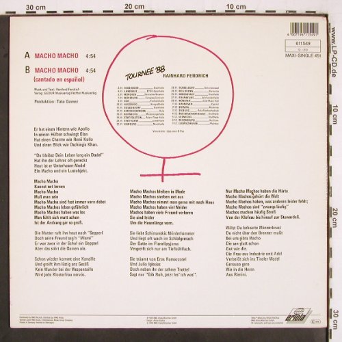 Fendrich,Rainhard: Macho Macho*2 (deutsch/spanisch), Ariola (611 549), D, 1988 Typ: 12" Best.-Nr.: V3112 Preis: 4,00 Euro