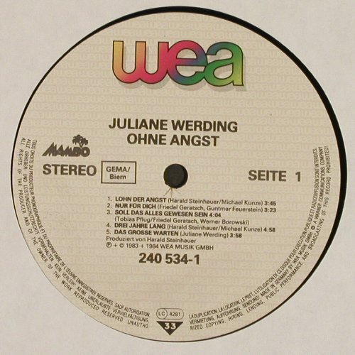 Werding,Juliane: Ohne Angst, WEA(240534), D, 1984 - LP - V6992 - 5,00 Euro