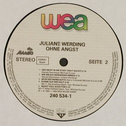 Werding,Juliane: Ohne Angst, WEA(240534), D, 1984 - LP - V6992 - 5,00 Euro