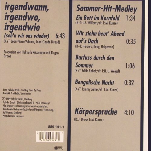 Drews,J&uuml;rgen: Irgendwann,Irgendwo +1, Medley, Polydor (889 141-1), D, 1989 Typ: 12" Best.-Nr.: V7159 Preis: 3,00 Euro.