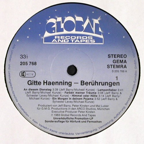 Gitte Haenning: Ber&uuml;hrungen, 10 Tr. Promo, Global(205 768-000), D, 1983 - LP - V7351 - 7,50 Euro