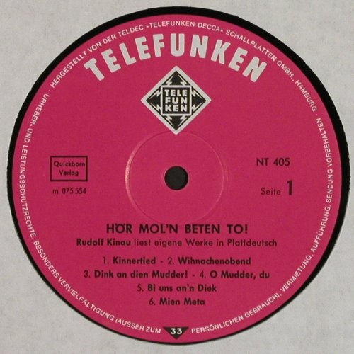 Kinau,Rudolf: H&ouml;r Mal'n Beten To, Telefunken (NT 405), D Typ: LP Best.-Nr.: V7499 Preis: 5,00 Euro.