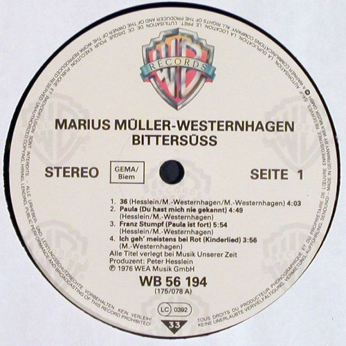 M&uuml;ller-Westernhagen,Marius: Bitters�&szlig;, WB(WB 56 194), D, 1976 - LP - V7550 - 6,00 Euro