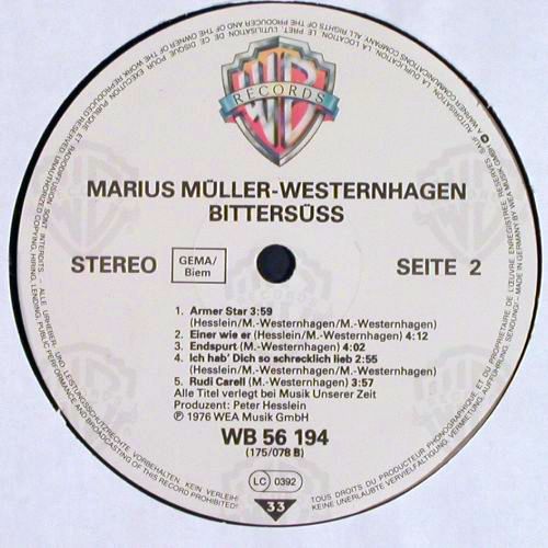 M&uuml;ller-Westernhagen,Marius: Bitters�&szlig;, WB(WB 56 194), D, 1976 - LP - V7550 - 6,00 Euro