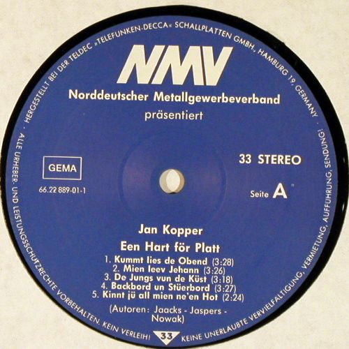 Kopper,Jan: Een Hart f&ouml;r Platt, NMV Metallgewerbe (66.22889), D, 1983 Typ: LP Best.-Nr.: V7685 Preis: 9,00 Euro.