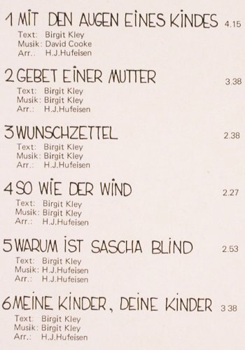 Kley,Birgit & Hans Jürgen Hufeisen: Die Kinder, Lieder von & mit, RM(92360), D, 1987 - LP - X6217 - 3,00 Euro