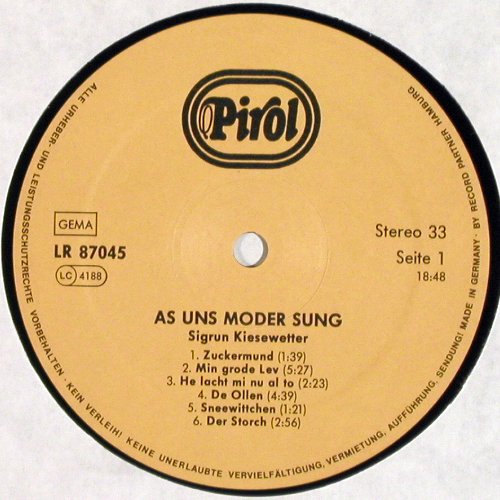 Kiesewetter,Sigrun: as uns Moder sung, Pirol / Lamplight(LR 87045), D,  - LP - Y5960 - 7,50 Euro