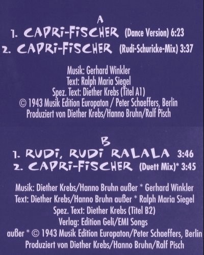 Krebs,Diether & Rudi Schuricke: Capri-Fischer*3+1, dance mix, Ariola (74321 32100 1), D, 1995 Typ: 12" Best.-Nr.: Y917 Preis: 3,00 Euro.