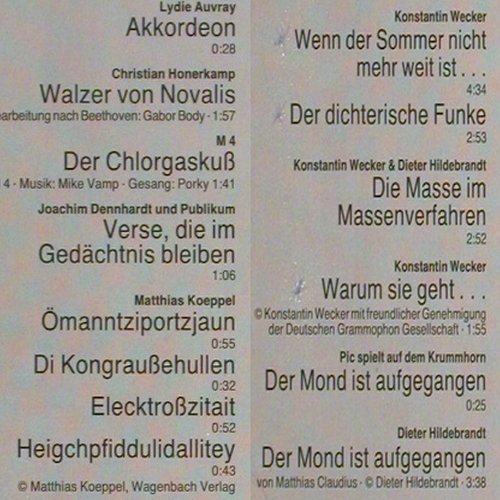 V.A.Lyrics - Texte und Musik Live: Wecker, Hildebrand, Neuss, LKJ, Rillenschlange (730005), D, 1984 Typ: LP Best.-Nr.: V5400 Preis: 9,00 Euro