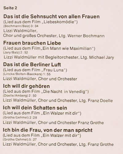 Waldmüller,Lizzi: und ihre grossen Filmschlager, Baccarola(80 856 ZU), D, Mono,  - LP - V5763 - 7,50 Euro